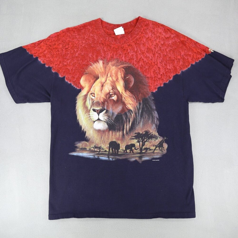Vintage Rainforest Cafe Tie Dye T shirt Sz L Lion Habitat AOP All Over Print 90s